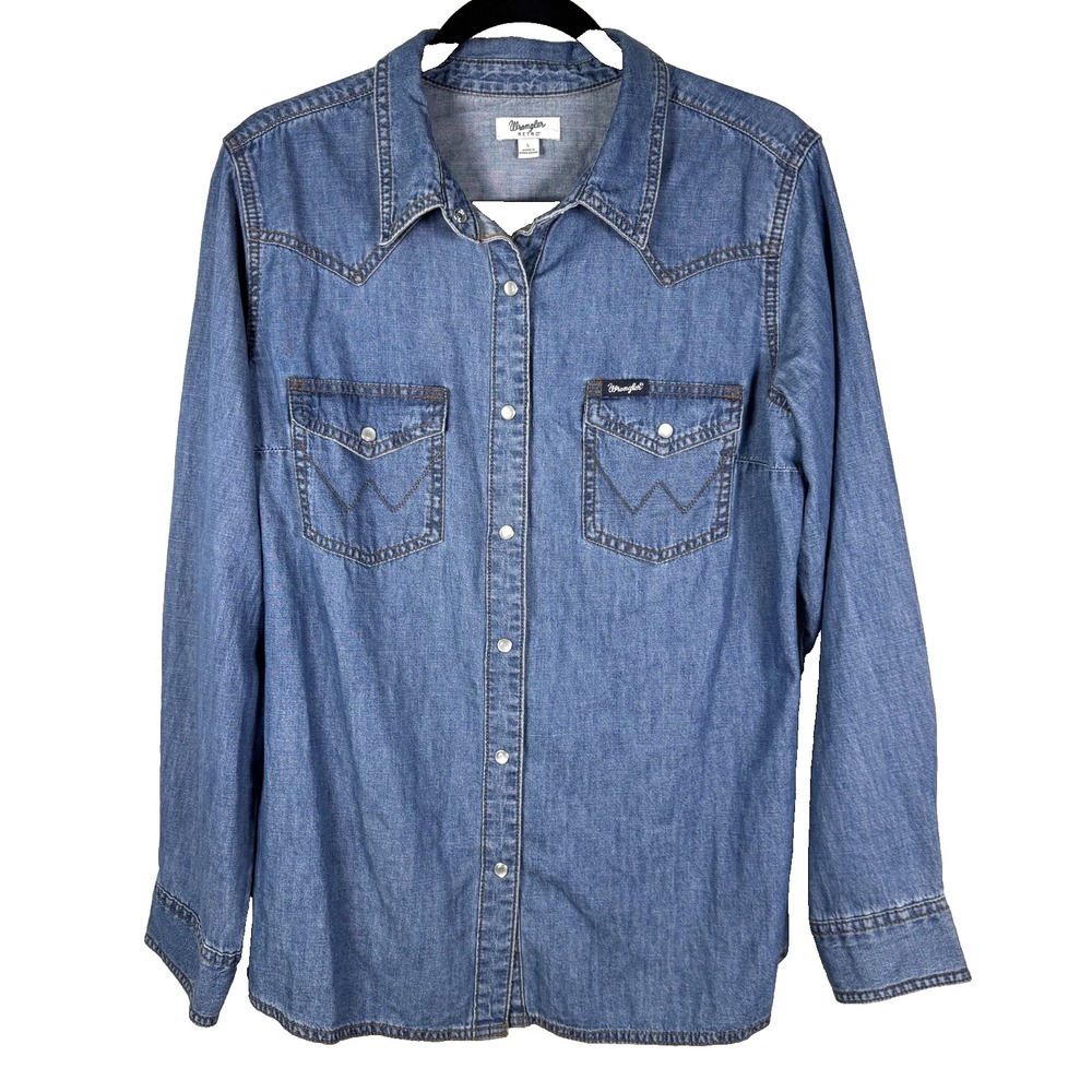 Wrangler Retro Denim Shirt Women's Large Long Sleeves Western Country Rodeo